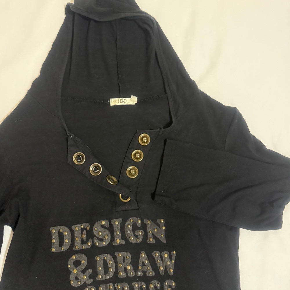Hendi Black Studded Graphic Hoodie Snap Henley 3/4 Sleeve Grommet Top Mens L